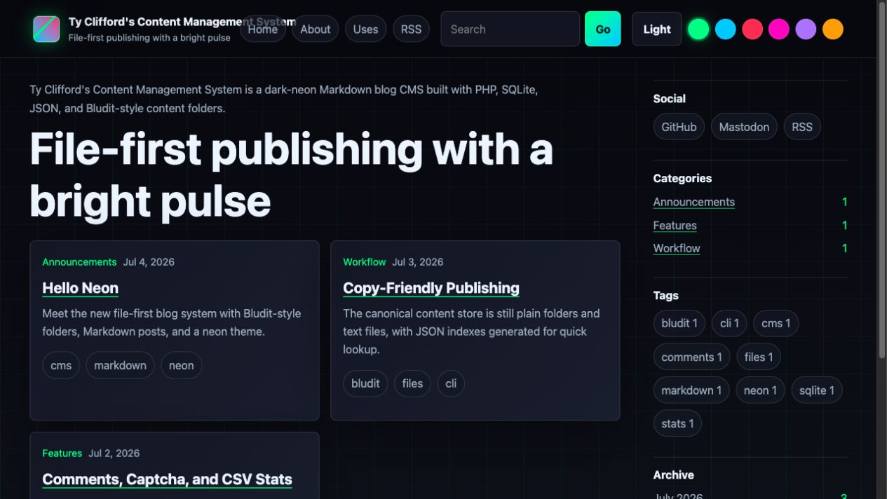 TCMS home page with neon grid, post cards, categories, tags, archive, search, and accent controls.