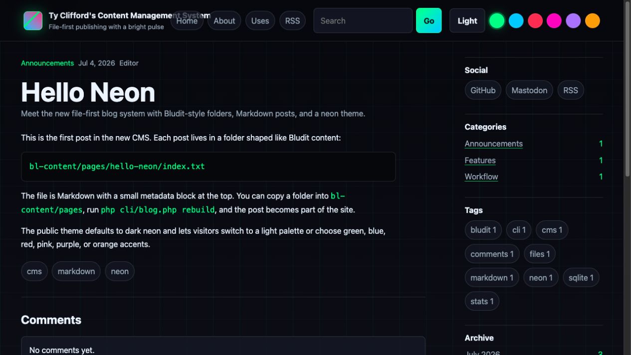 TCMS Hello Neon post showing Markdown content, code block, tags, comments area, and side rail.