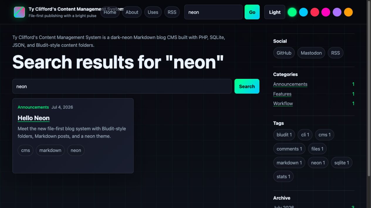 TCMS search results page for the query neon.